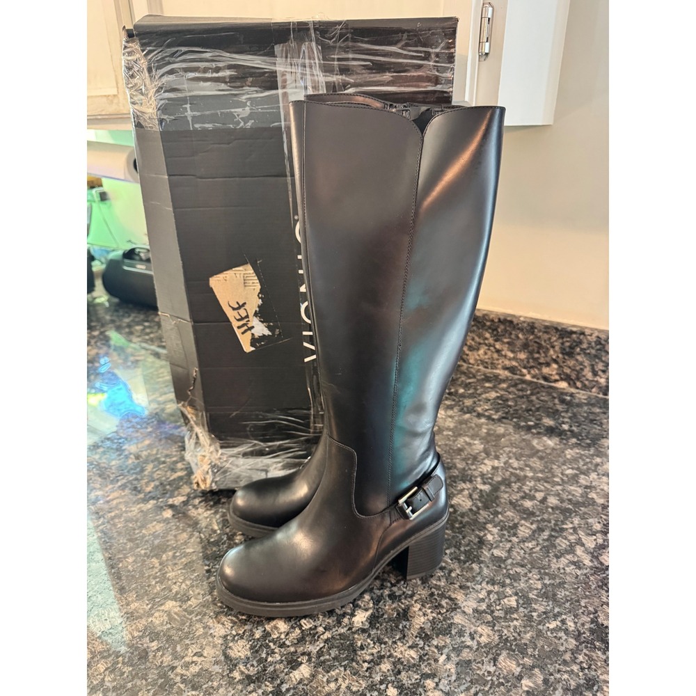 Vionic Trabuco Black Leather Tall Boots Weatherproof Block Heel Womens 8 M